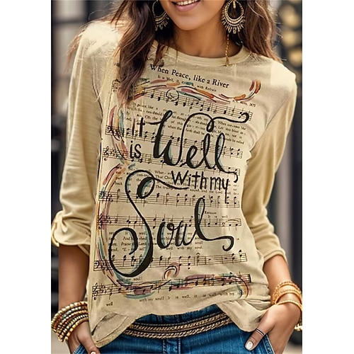 

Women's T shirt Tee Yellow Music Print Long Sleeve Daily Weekend Fashion Round Neck Regular Fit Painting Spring Fall