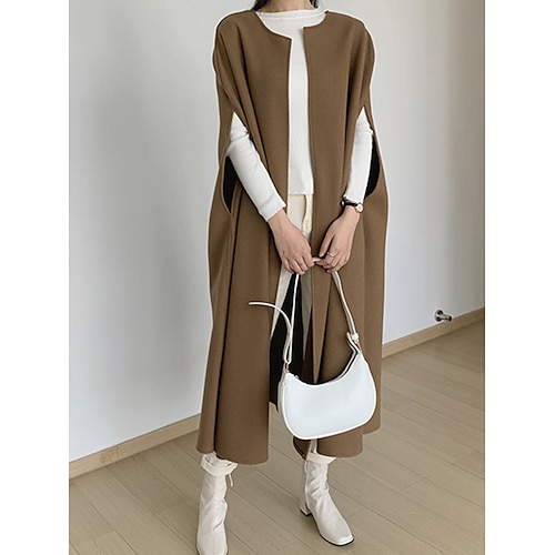 

Women's Winter Coat Cloak / Capes Long Pea Coat Fall Warm Overcoat with Pockets Thermal Warm Windproof Trench Coat Casual Daily Street Jacket Sleeveless Black Beige