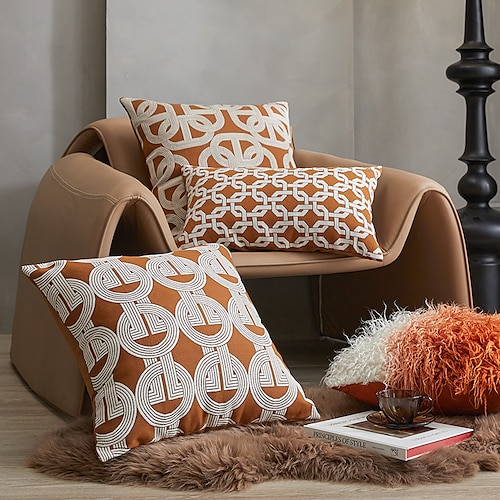 

Housse de coussin géométrique orange brûlé, jacquard de haute précision, support de taille de canapé, housse de dossier de chevet