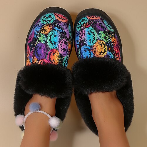 

Women's Boots Slip-Ons Snow Boots Animal Print Plus Size Party Halloween Fleece Lined Booties Ankle Boots Winter Flat Heel Round Toe Gothic Plush Casual Walking Elastic Fabric Loafer Cartoon Black