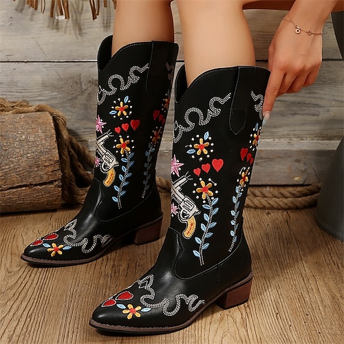 

Women's Boots Cowboy Boots Plus Size Outdoor Daily Mid Calf Boots Winter Embroidery Chunky Heel Round Toe Casual Industrial Style PU Loafer Floral Black White