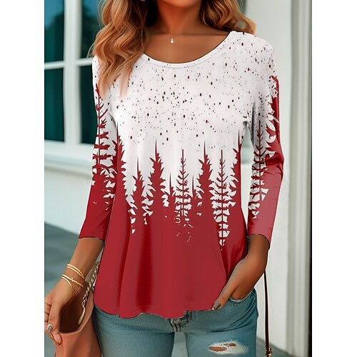 

Damen T Shirt Weihnachts-Shirt Rote Pflanzen Bedruckt Langarm Weihnachten Wochenende Fest / Feiertage Rundhalsausschnitt Regular Fit Blume Farbe Frühling Herbst