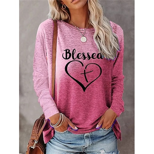 

Women's T shirt Tee Pink Orange Green Heart Letter Print Long Sleeve Daily Weekend Fashion Round Neck Regular Fit Painting Spring Fall