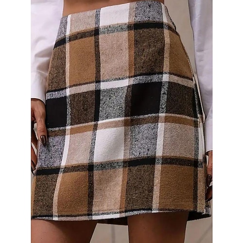 

Women's Pencil Knee-length Khaki Black and white grid Skirts Fall Winter High Waist Vintage Causal Daily M L XL