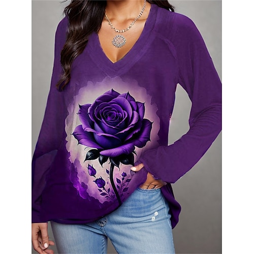 

Women's T shirt Tee Purple Rose Print Long Sleeve Daily Weekend Fashion V Neck Regular Fit Floral Painting Spring Fall