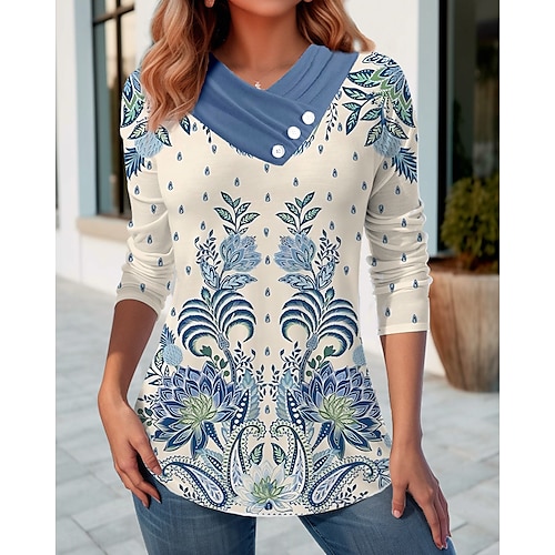 

Femme T shirt Tee Jaune Rouge Bleu Floral Bouton Imprimer manche longue Vacances Fin de semaine Mode Col V Standard Fleur Peinture Printemps Automne