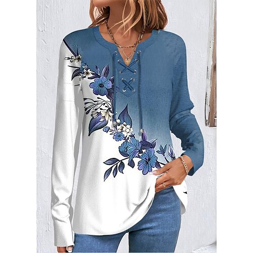 

Femme T shirt Tee Rose Claire Bleu Violet Floral Imprimer manche longue du quotidien Fin de semaine Mode Col V Standard Fleur Peinture Printemps Automne