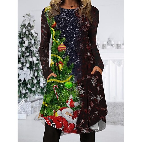 

Damen-Weihnachts-Arbeitskleid, Freizeitkleid, modisches Winterkleid, tägliches Midi-Kleid, Taschendruck, Rundhalsausschnitt, lange Ärmel, Schneemann-Baum, normale Passform, Schwarz, Weinrot, Herbst