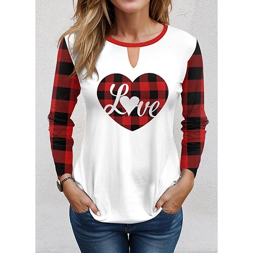 

Women's T shirt Tee Yellow Red Blue Plaid Heart Print Long Sleeve Valentine Weekend Fashion Round Neck Regular Fit Painting Spring Fall