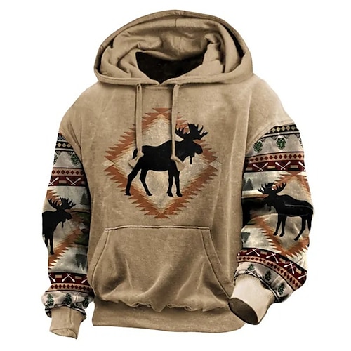 

Christmas Moose Hoodie Mens Graphic Tribal Prints Reindeer Daily Ethnic Casual 3D Pullover Holiday Going Out Streetwear Hoodies Blue Sky Khaki Hooded Grey Cotton