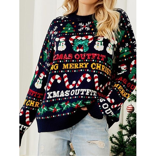 

Mujer Suéter navideño feo Suéter de punto Puente Estriado Tejer Regular De Gran Tamaño Letra Cuello Barco Elegante Casual Exterior Navidad Otoño Invierno Azul Marino S M L