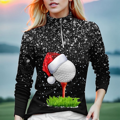 

женская рубашка поло рождественская рубашка для гольфа дышащая быстросохнущая влагоотводящая одежда для гольфа с длинными рукавами одежда для гольфа стандартная посадка воротник-стойка на молнии с