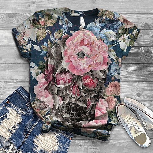 

Mujer Camiseta camisa de halloween Rosa Azul Piscina Naranja Floral Cráneos Estampado Manga Corta Víspera de Todos los Santos Fin de semana Festival / Vacaciones Escote Redondo Ajuste regular Flor