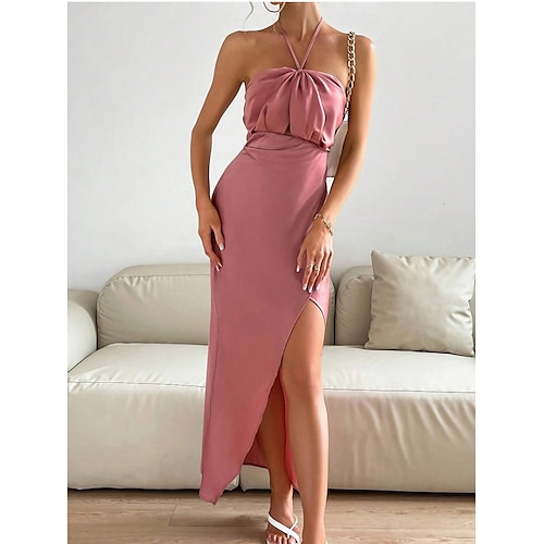 

Robe mi-longue Femme robe soirée Sans Manches Automne - Mode Soirée Mature Ruché Dos Nu Fendu Couleur monochrome Dos nu robe hiver Vacances robe demoiselle d honneur 2023 Rose Claire S M L XL