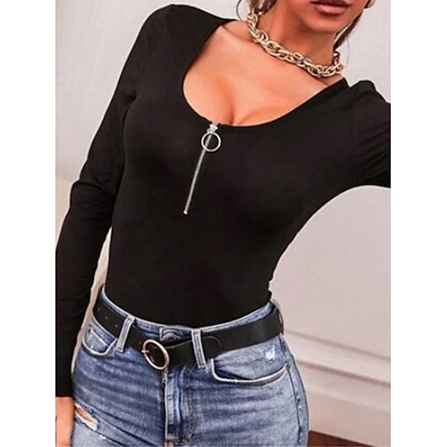 

Mujer Mono Cremallera Alta cintura Color sólido Escote Redondo Ropa de calle Calle Diario Ajuste regular Manga Larga Albaricoque claro Negro Blanco S M L Otoño
