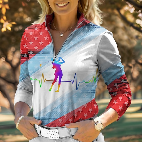 

Femme T-shirt POLO Chemise de golf Respirable Séchage rapide Evacuation de l'humidité manche longue Vêtements de golf Top Standard Zippé Col Montant Imprimé Printemps Automne Tennis Le golf Pickleball