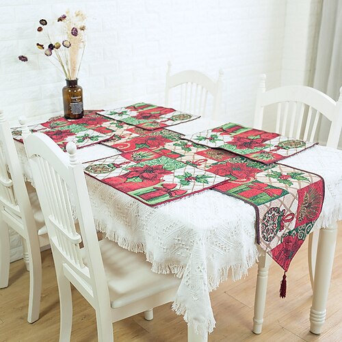 

corredor de mesa de natal, corredor de mesa de guirlanda com borlas, corredor de mesa jacquard tingido de fio, corredor de mesa para festa de feriado, jantar, sala de jantar, decorações de natal