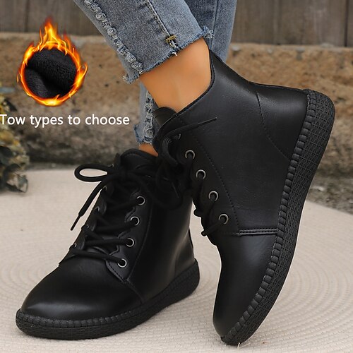 

Women's Boots Plus Size Handmade Shoes Soft Shoes Outdoor Daily Fleece Lined Booties Ankle Boots Winter Lace-up Flat Heel Round Toe Classic Casual Comfort Polyester Cowhide Lace-up Solid Color Black