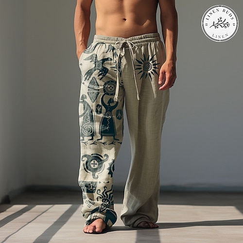 

Homme Pantalon en lin Cordon Taille elastique Poche avant Imprimés Photos Confort Casual Mélange de Lin Coton 55% Lin Style Ethnique Noir Bleu