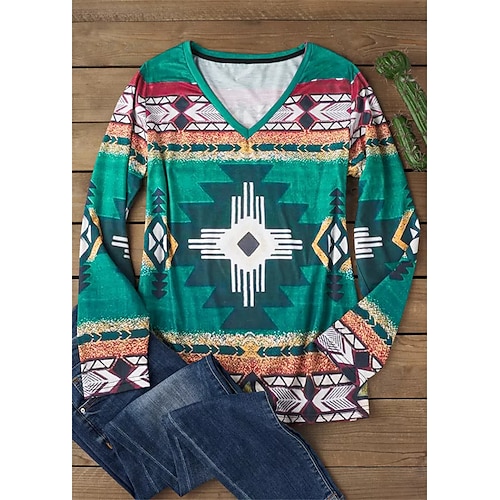 

Mulheres Camiseta Verde Tribal Imprimir Manga Longa Diário Final de semana Étnico Decote V Normal Geométrico Pintura Primavera Outono
