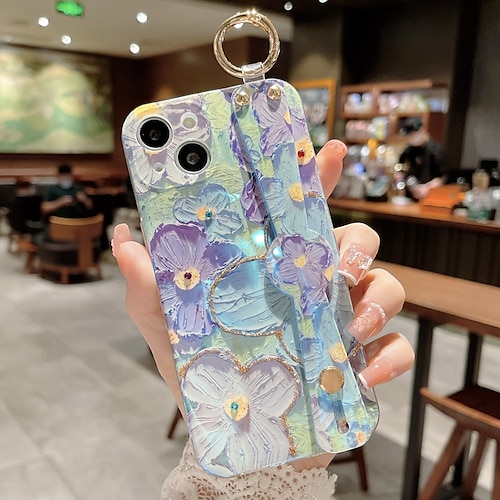 

Phone Case For iPhone 15 Pro Max Plus 14 13 12 11 Back Cover with Wrist Strap Kickstand Shockproof Flower Floral TPU PC