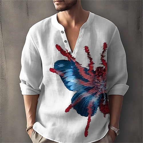 

Men's Shirt Linen Shirt Butterfly Spider Stand Collar White Outdoor Street Long Sleeve Print Clothing Apparel Linen Fashion Streetwear Designer Casual