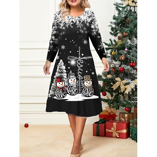 

femme noël grande taille courbe robe décontractée robe patineuse robe trapèze père noël bonhomme de neige robe midi manches longues imprimé col rond mode extérieur vin noir automne hiver l xl xxl 3xl