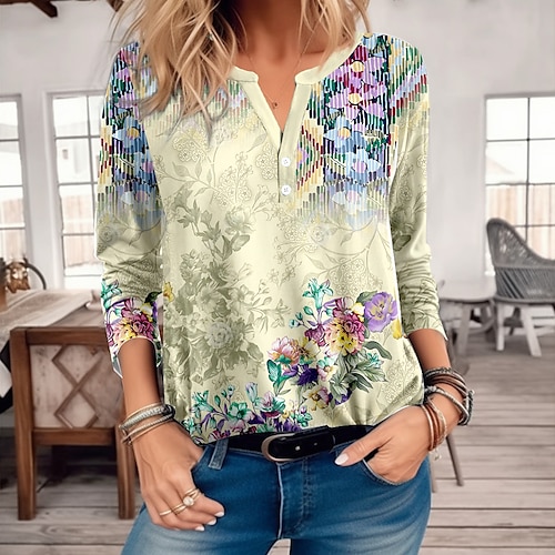 

Damen T Shirt Gelb Blumen Taste Bedruckt Langarm Festtage Wochenende Modisch V Ausschnitt Regular Fit Blume Farbe Frühling Herbst