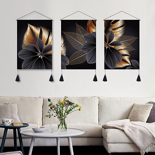 

Packung mit 3 goldfarbenen schwarzen Blumen, gewebt, Bohemian-Wandteppich, Kunst-Dekor, Decke, Vorhang zum Aufhängen, Zuhause, Schlafzimmer, Wohnzimmer, Dekoration, nordische Baumwolle, Leinen,