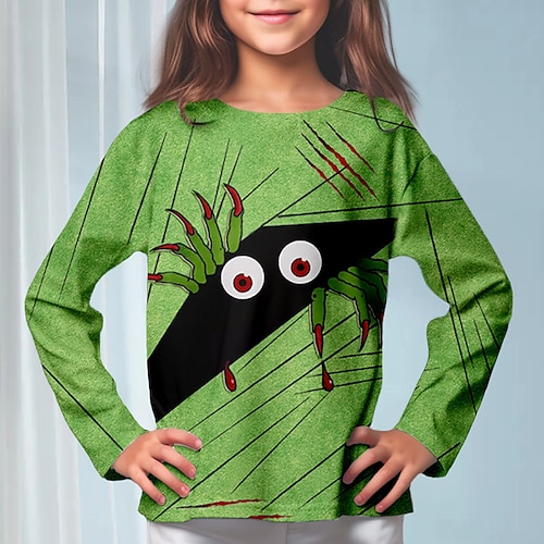 

Halloween-Mädchen-3D-T-Shirt, langärmelig, mehrfarbig, 3D-Druck, Herbst, Winter, aktiv, modisch, täglich, Polyester, Kinder 3–12 Jahre, Rundhalsausschnitt, Outdoor, lässig, täglich, normale Passform