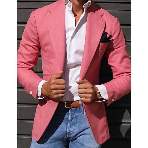 

Men's Cocktail Attire Blazer Ceremony Wedding Party Business Attire Fashion Casual Spring & Fall Polyester Plain Pocket Casual / Daily Single Breasted Blazer Light Pink Yellow Pink Royal Blue