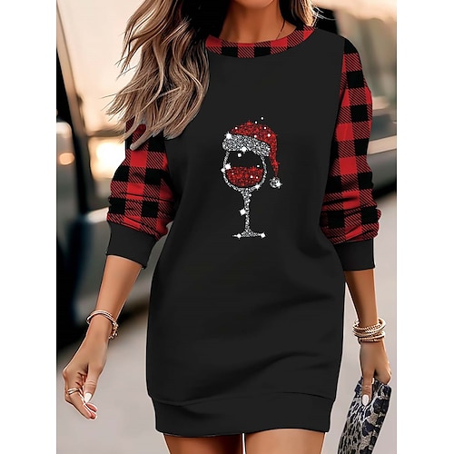 

femme Noël tenue décontractée robe sweat mini robe chaud mode extérieur vacances col rond imprimé bonhomme de neige chapeau coupe ample noir blanc vin s m l xl xxl