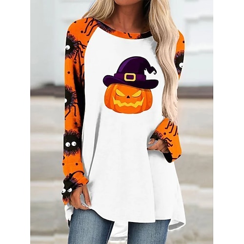 

Mujer Camiseta camisa de halloween Naranja Calabaza Estampado Manga Larga Víspera de Todos los Santos Fin de semana Festival / Vacaciones Escote Redondo Ajuste regular Pintura Primavera Otoño