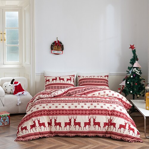 

Christmas Day Duvet Cover Set Red and White Snowflake Reversible Design, Soft Microfiber Lightweight Bedding Sets for All Season hot bedding