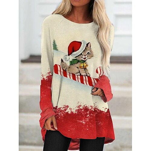 

Mujer Vestimenta casual Vestido de Navidad Vestido estilo camiseta Gato Papá Noel Estampado Cuello Barco Mini vestido Moda Ropa de calle Exterior Navidad Manga Larga Holgado Rojo Beige Gris Otoño