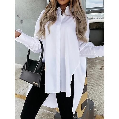 

Women's Shirt Blouse Cotton Black White Pink Plain Button Asymmetric Long Sleeve Casual Fashion Shirt Collar Regular Fit Spring Fall