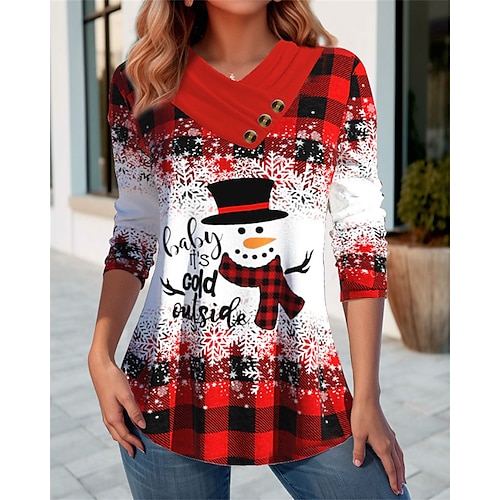 

Mulheres Camiseta Camisa de Natal Preto Vinho Vermelho Boneco de Neve Ajudante do papai noel Botão Imprimir Manga Longa Natal Final de semana Festival / feriado Natal Decote V Normal Pintura