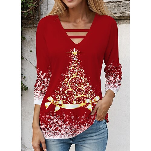 

Mujer Camiseta Camisa de Navidad Negro Amarillo Rojo Árbol de Navidad Copo Estampado Manga Larga Navidad Fin de semana Festival / Vacaciones Escote en Pico Ajuste regular Pintura Primavera Otoño