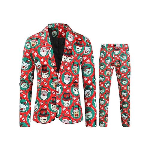 

Trajes de fiesta divertidos y feos de Navidad rojos para hombre, 2 piezas, estampados, corte a medida, botonadura simple, un botón, 2023