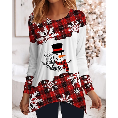 

Women's T shirt Tee Christmas Shirt Plaid Snowman Snowflake Pink Red Blue Flowing tunic Print Long Sleeve Party Christmas Weekend Festival / Holiday Christmas Round Neck Regular Fit Spring & Fall