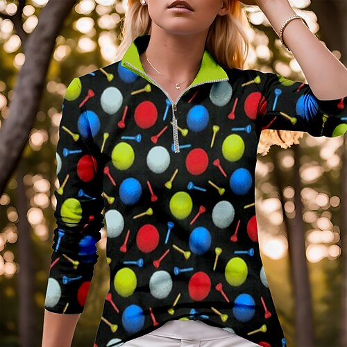

Women's Polo Shirt Golf Shirt Breathable Quick Dry Moisture Wicking Long Sleeve Golf Apparel Golf Clothes Regular Fit Zipper Stand Collar Plaid Spring Autumn Tennis Golf Pickleball