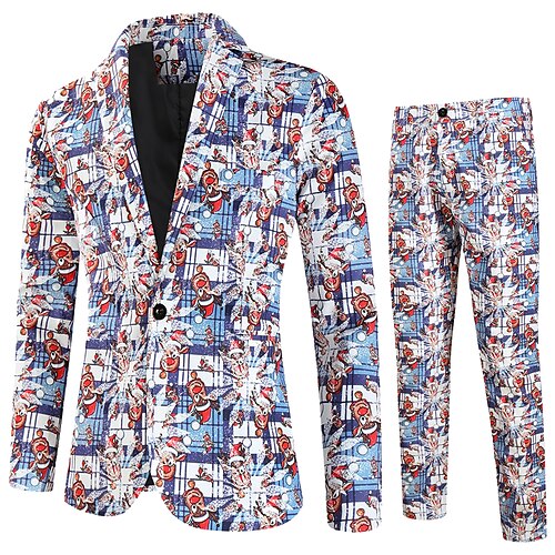 

Costume Homme Noël Ensemble 2 pièces Bleu Poudré Imprimé Coupe Sur-Mesure Droit un bouton 2023