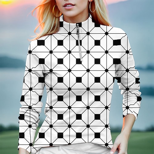 

Mulheres Camisa polo de caminhada Camisa de golfe Respirável Secagem Rápida Pavio Humido Manga Longa Vestuário de golfe Roupas de golfe Normal Zíper Colarinho Alto Geometria Primavera Outono Tênis