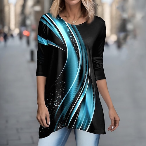 

Women's T shirt Tee Pink Blue Purple Geometric Flowing tunic Print Long Sleeve Daily Weekend Basic Round Neck Regular Fit Geometric Painting Spring Fall