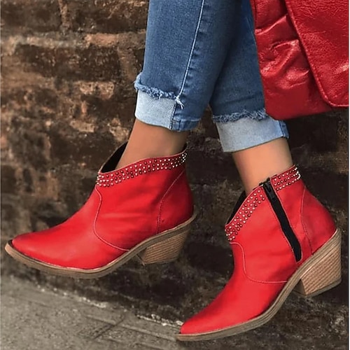 

Women's Boots Plus Size Daily Booties Ankle Boots Rivet Block Heel Chunky Heel Pointed Toe Vintage Fashion Comfort PU Zipper Solid Color Black Red Brown