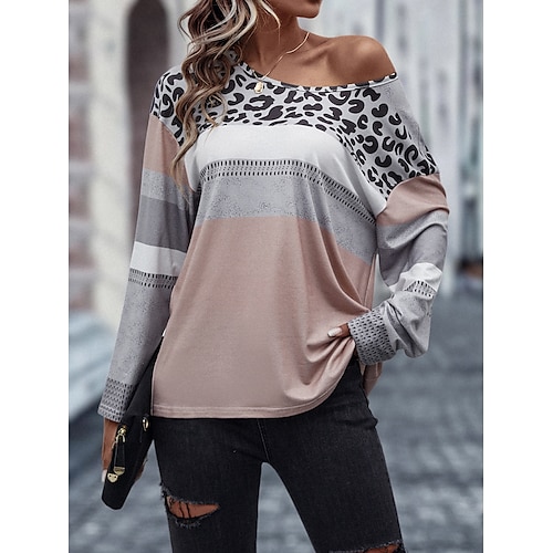 

Damen T Shirt Blau Khaki Grau Leopard Farbblock Bedruckt Langarm Täglich Wochenende Modisch Rundhalsausschnitt Regular Fit Farbe Frühling Herbst