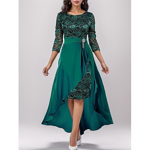 

robe longue Femme Robe de bal Manches 3/4 Printemps Automne Hiver - Mode Soirée Mature Dentelle A Volants Patchwork Couleur monochrome Col V robe demoiselle d honneur Soirée Vacances 2023 Vert S M L