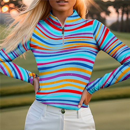 

Damen poloshirt Golfhemd Atmungsaktiv Schnelltrocknend Feuchtigkeitsableitung Langarm Golfbekleidung Golfkleidung Regular Fit Zip Stehkragen Streifen Frühling Herbst Tennis Golfspiel Pickleball