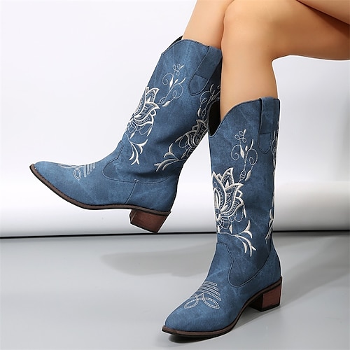 

Femme Bottes Bottes Cow boy Grandes Tailles Extérieur Travail du quotidien Bottes mi-mollet Broderie Talon bloc Talon Bottier Bout pointu Mode Elégant Classique Polyuréthane Floral Bleu