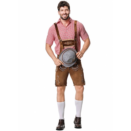  Μπύρα Oktoberfest Στολές Lederhosen Πουκάμισο βαυάρος βαυάρος Γερμανικά Λιβάδια Ανδρικά Πανί παραδοσιακού στυλ Μπλούζα Κοντά Παντελονάκια Καπέλο